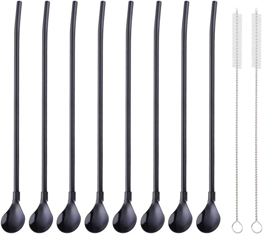Straw Spoon, 8PCS 8.5inch 18/8(304) Stainless Steel Metal Straws Spoon Reusable Straws Spoon + 2 Brushes（Black）