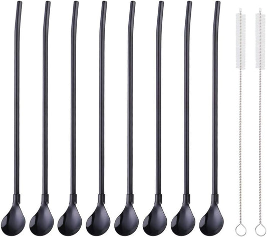 Straw Spoon, 8PCS 8.5inch 18/8(304) Stainless Steel Metal Straws Spoon Reusable Straws Spoon + 2 Brushes（Black）
