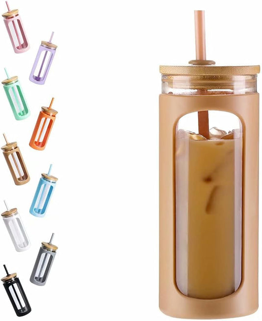 Kodrine 20oz Glass Water Tumbler with Straw and Lid, Bamboo Lids Water Bottle, Iced Coffee Cup Reusable, Wide Mouth Smoothie