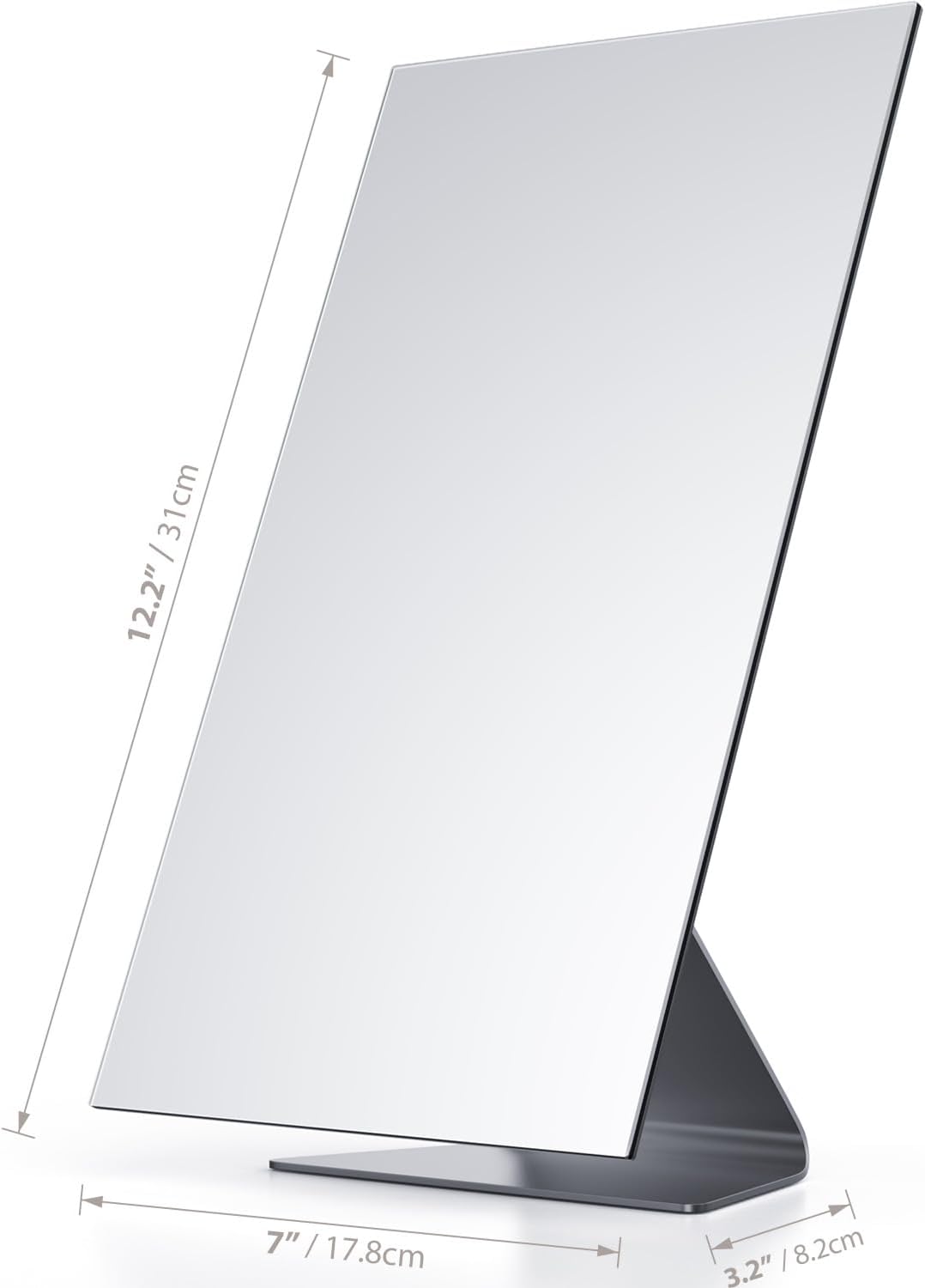 NEZZOE Rectangular Free-Standing Frameless Makeup Mirror, 12" x 7" | 1X Vanity Mirror with Adjustable Tilt, Metal Base, for Desk, Bathroom Countertop or Windowsill