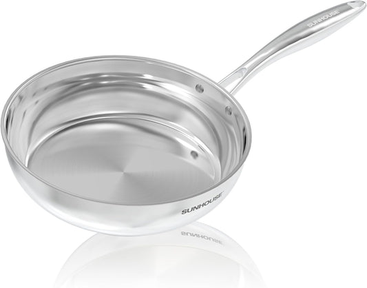 Sunhouse 8 Inch 18/10 Chef Series Stainless Steel Frying Pan, Tri-Ply Stainless Steel Construction, PFOA-FREE, Stay-Cool Handle, Induction Compatible
