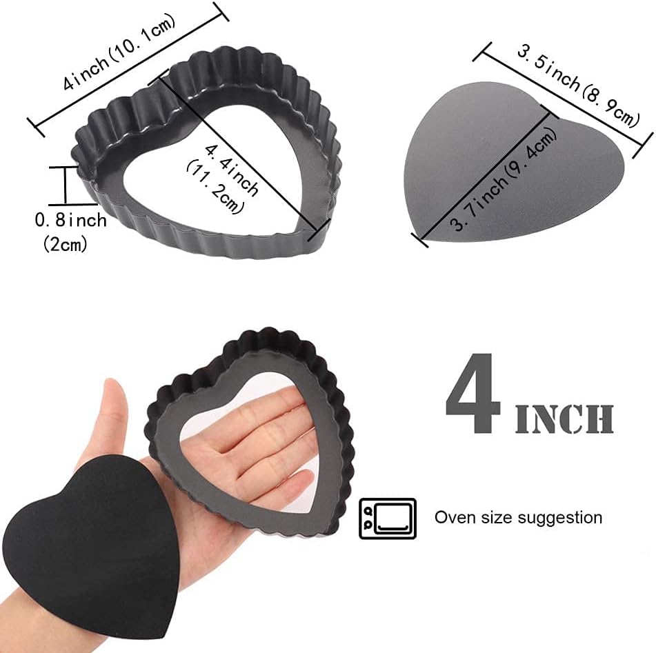 6PCS 4 Inch Heart Tart Pans with Removable Bottom, Nonstick Quiche | Mini Carbon Steel Heart-Shaped Pie Molds for Dessert &amp; Cake Baking, Fluted Loose Bottom Cake Pan for Easy Release
