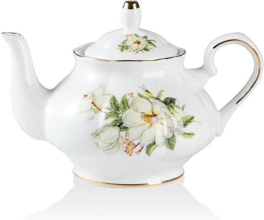 Sweejar Ceramic Teapot with Infuser, Floral Relief Gold Rimmed Teapot, 29 OZ Porcelain Tea Pot for Blooming and Loose Tea,