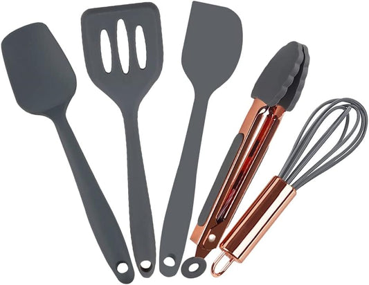 Rose Gold And Grey Mini Kitchen Utensil Small Five-Piece Set Tiny Silicone Kids Kitchen Tools Whisk Spatula Tongs Spoon And