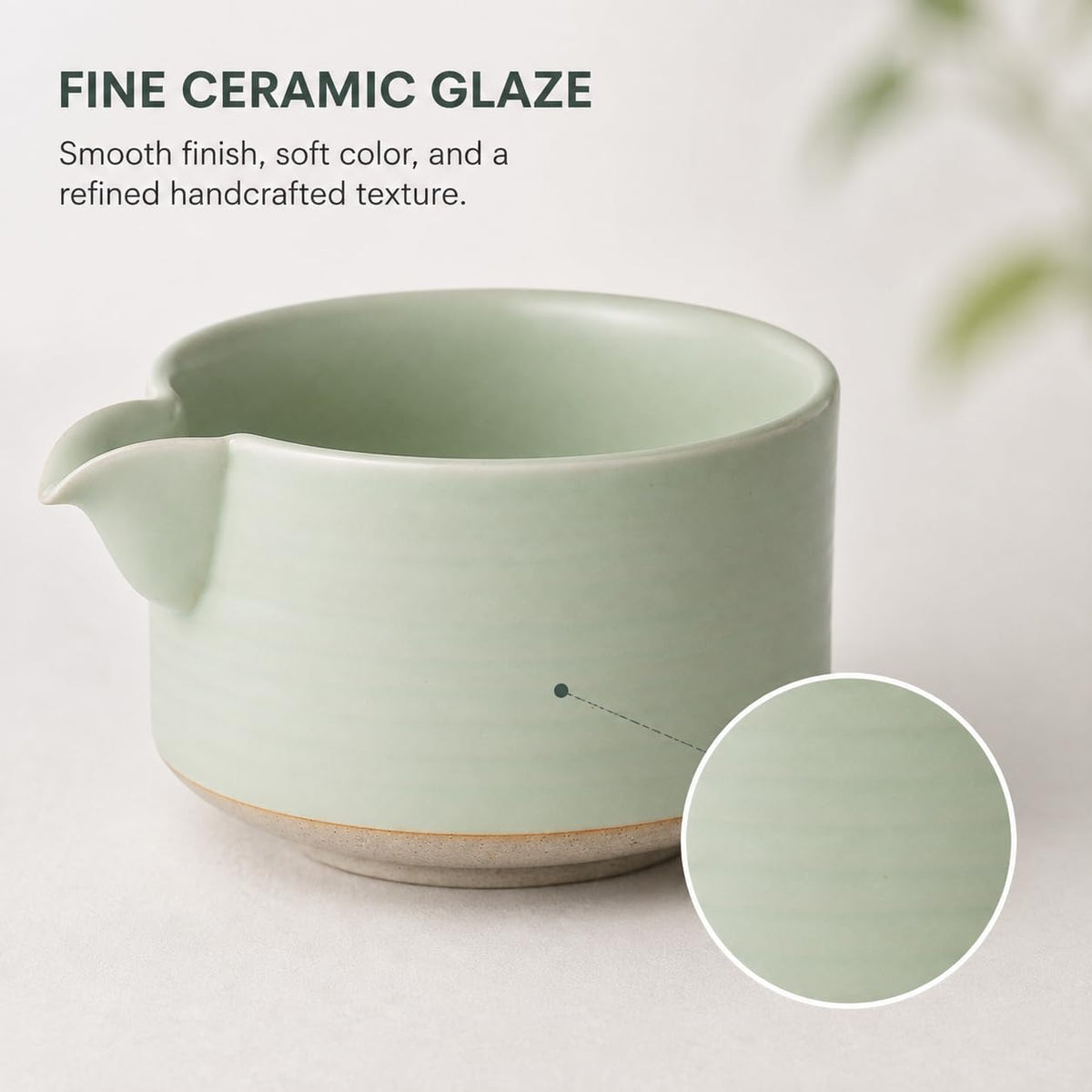 Matcha Traditional Porcelain Tea Bowl with Pour Spout - Hand Made Porcelain with Light Green Matte Glaze - Perfectly Whisked Matcha Green Tea, 430ml/ 14.5oz