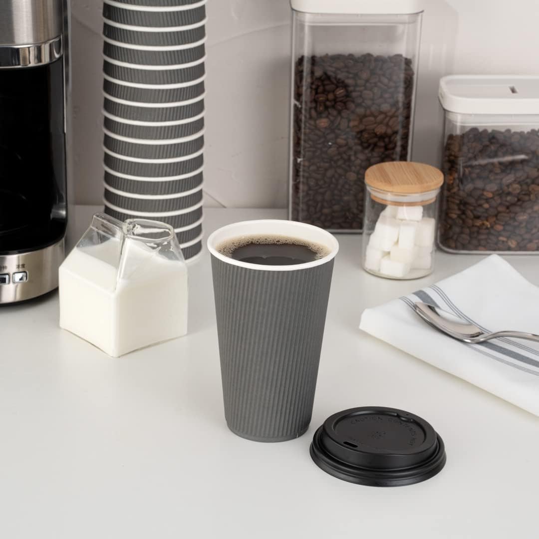Restaurantware Ripple Wall Coffee Cups 500 Count 16 Ounce Insulated Gray Paper Cups, Rolled Rim Spill-Resistant Disposable Paper Non-Slip for Coffee, Beverages