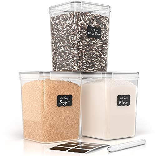 Simply Gourmet Airtight Flour and Sugar Containers with Lids – 3 Piece Kitchen Pantry Organization Set, BPA-Free Clear Plastic, Stackable Canisters for Baking Ingredients, Rice, Snacks, Cereal