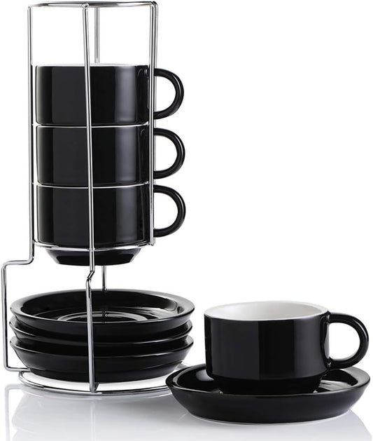 Sweejar Ceramic Espresso Cups with Saucers, 4 Ounce Stackable Cappuccino Cups with Metal Stand for Coffee Drinks, Latte, Tea