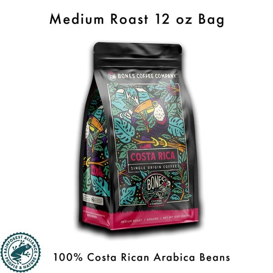 Bones Coffee Company Costa Rica Single-Origin, Cocoa, Nutty and Milk Chocolate Notes, Ground Coffee Beans, Low Acid Medium Roast Arabica Beans Flavored Coffee for Auto drip Coffee Maker, 12 oz Ground
