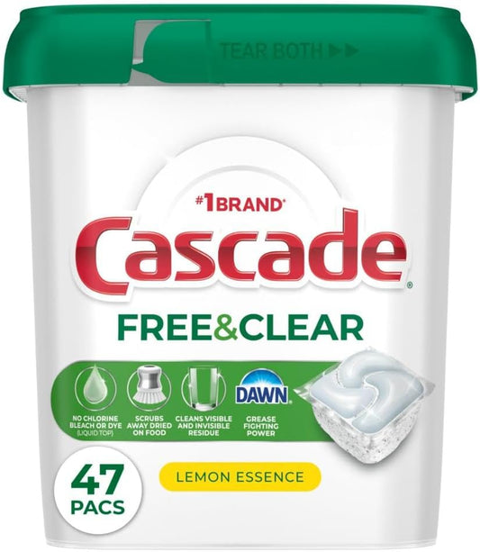 Cascade Free &amp; Clear Dishwasher Pods, Dishwasher Detergent, Dish Detergent Soap, Lemon Essence, 47 Count