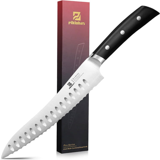 Resharpenable Bread Knife, 8 Inch Multifunction Serrated Knife, German HC Stainless Steel Bread Cutting Knife with
