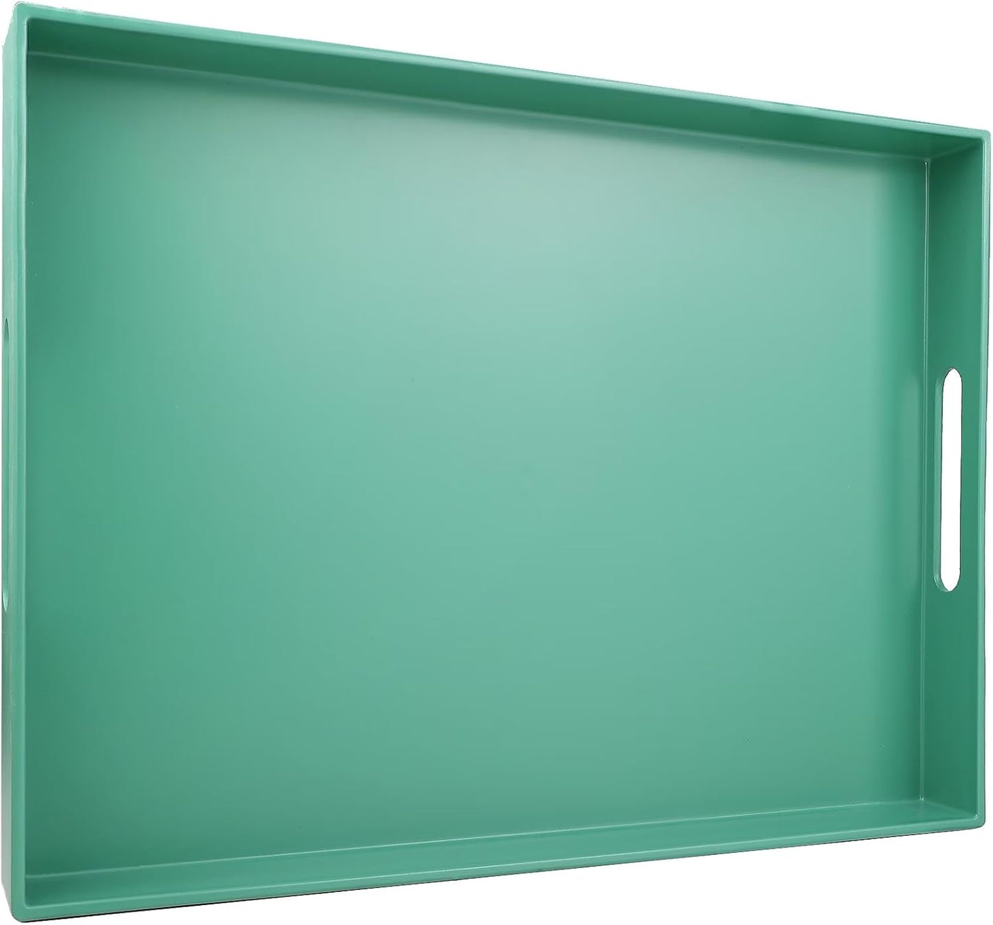 Green Serving Tray for Coffee Table, Rectangular Plastic Decorative Tray with Handles for Entertaini