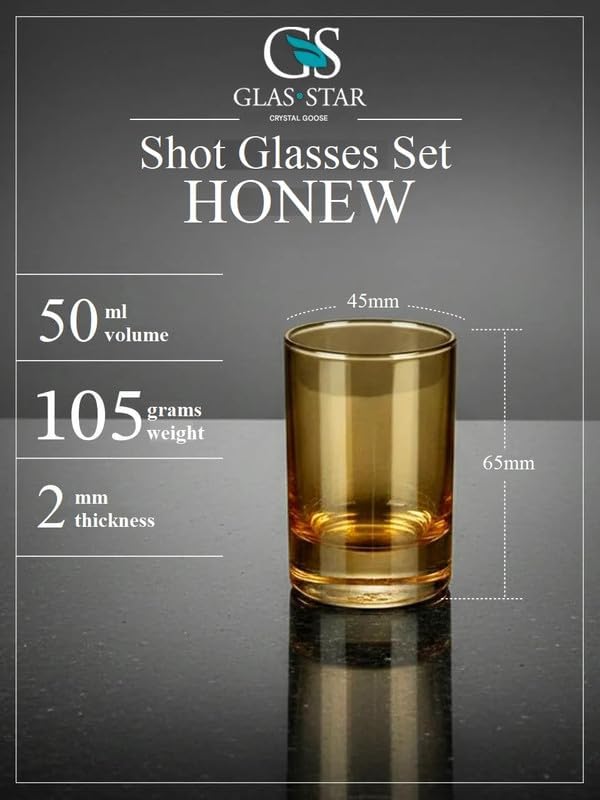 Honey Shot Glasses Set of 6 — 1.5 oz Amber Heavy Base Drinking Glass for Tequila, Vodka, Espresso — Elegant Barware Gift Pack