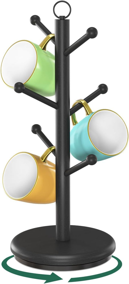 EsLuker.ly Mug Holder Tree Bamboo 360° Rotating Coffee Cup Display Rack with 6 Hooks for Home Kitchen Counter, Upgrade Wood