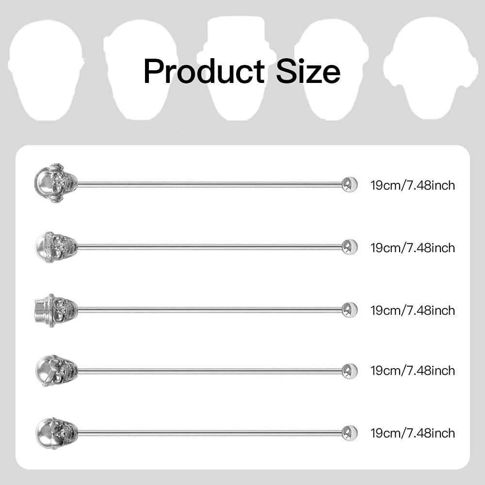 Skull Shape Swizzle Sticks, Reusable Stainless Steel Coffee Beverage Stirrers Cocktail, 5-Pack Drink Stir Sticks for Bar Party Home Office (Silver)