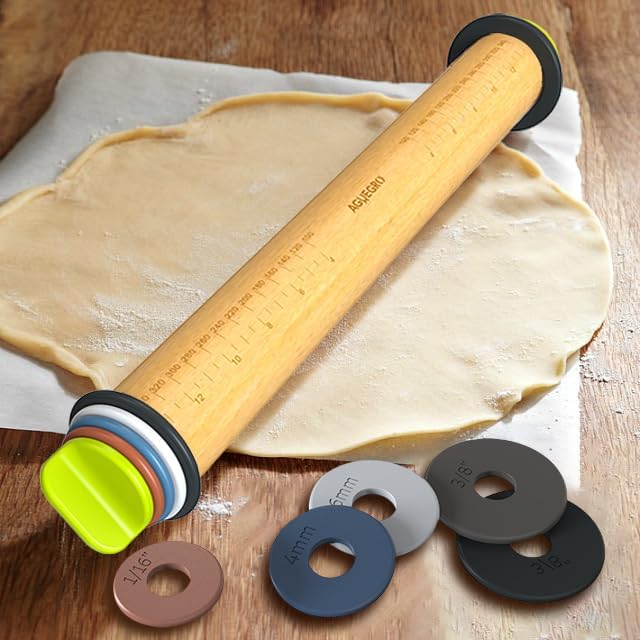 Adjustable Rolling Pin with 4 Thickness Rings &amp;Pastry Mat For Baking Dough | 13.6''Wooden Dough Roller with Precision Measuring Rings For Cookie Pizza Fondant PieCrust Pastry Making At Home or Pro Baker