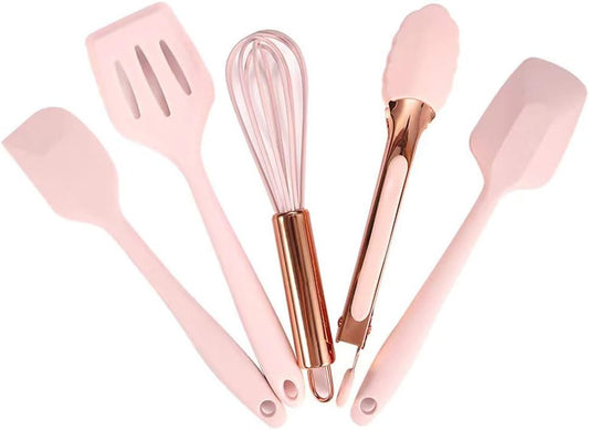 Rose Gold And Pink Kitchen Utensil Small Five-Piece Set Mini Silicone Kids Kitchen Tools Whisk Spatula Tongs Spoon And