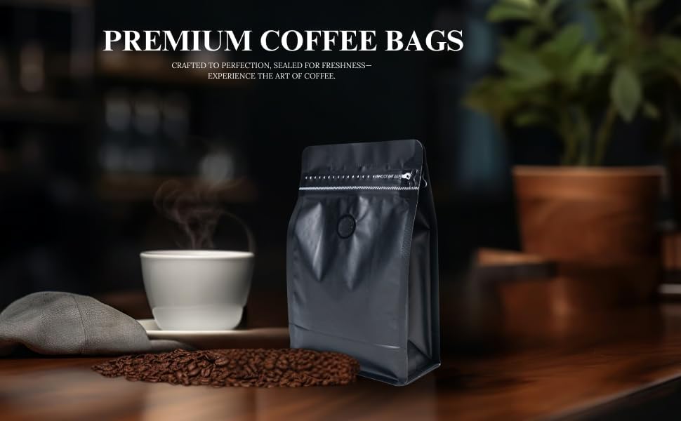 Premium Coffee Bags with Valve (50 pcs, 8 oz) Standing Coffee Beans Storage Bags, Reusable Heat Sealable Side Zipper Pouches, Eco-Friendly Packaging, Perfect for Home and Office - Black