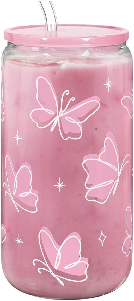 Butterfly 16 Oz Can Glass Tumbler with Acrylic Lid and Straw - Iced Coffee Cups for Women, Aesthetic Glass Cup Gift for