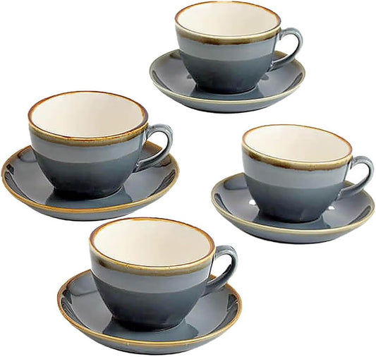 SHUER Ceramic Cappuccino Cup Set of 4, 11.2 OZ Cups and Saucers Set,Coffee Mocha Cup Sets,Black Coffee Cups and Glaze
