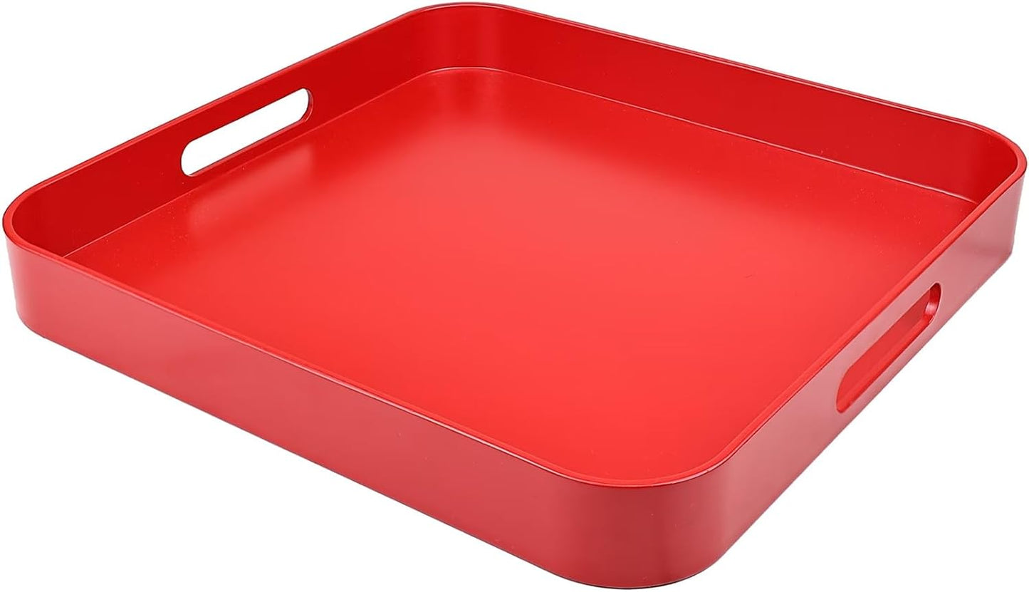 Square Red Decorative Serving Tray with Handles, Versatile Ottoman Tray for Coffee Table, Entertaini