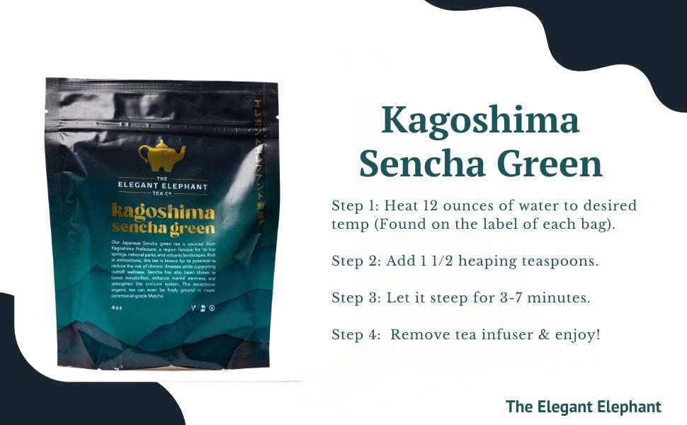 Japanese Sencha Green Tea, Organic Loose Leaf Sencha Tea – Antioxidant &amp; Detox Support – Refreshing Hot or Iced Green Tea – 4 oz Resealable Bag (Makes 50 Cups) – The Elegant Elephant