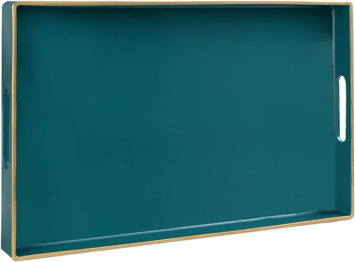 MAONAME Teal Decorative Tray for Coffee Table, Serving Tray with Handles | Plastic Melamine Tray, Modern Ottoman Tray, Rectangular Countertop Organizer Tray for Living Room, 15.8"L x 10.2"W x 1.4"H