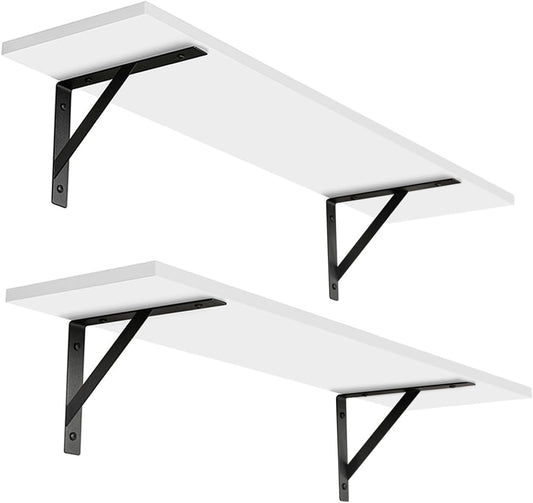 DINZI LVJ Long Wall Shelves, 24 Inch White Floating Shelves Set of 2, Easy-to-Install, Wall Storage Ledges with Sturdy Metal