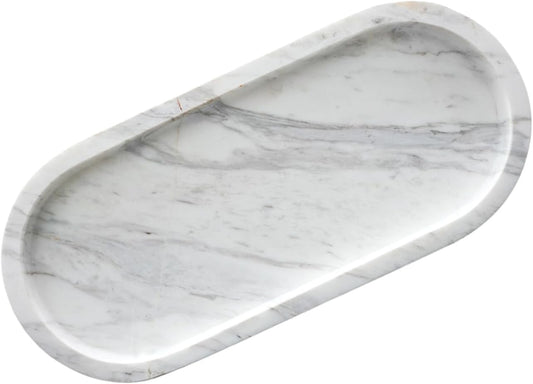 Bathroom Vanity Tray, Large Natural Marble Oval Sink Tray 10 Inch, Jazz White Limestone Dresser Tray for Soap Dispenser