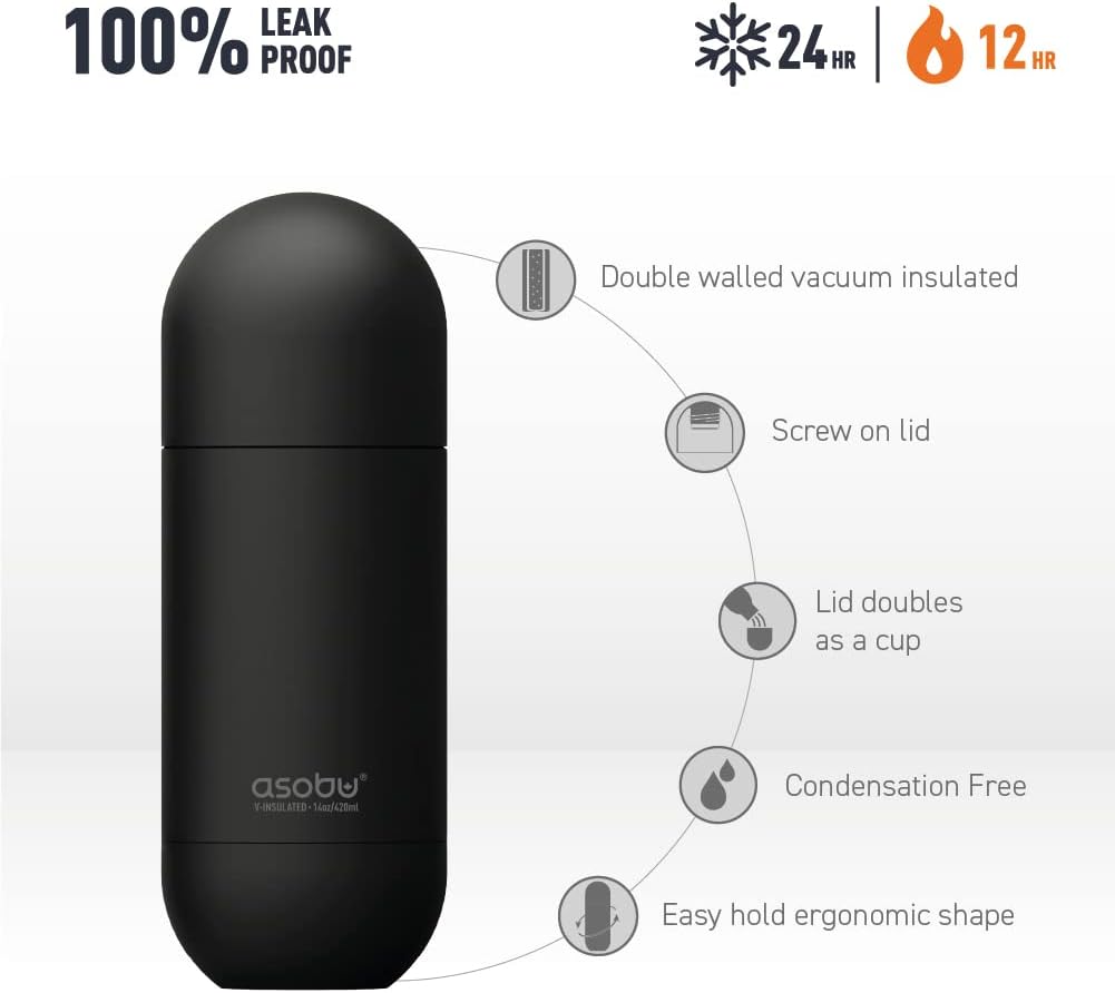 asobu Capsule Bottle Stainless Steel Double Wall Insulated Travel Water Bottle – Lid Doubles as a Cup 14 Ounce (Silver)