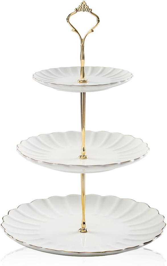 Sweejar 3 Tier Ceramic Cake Stand Wedding, Dessert Cupcake Stand for Tea Party Serving Platter (White)