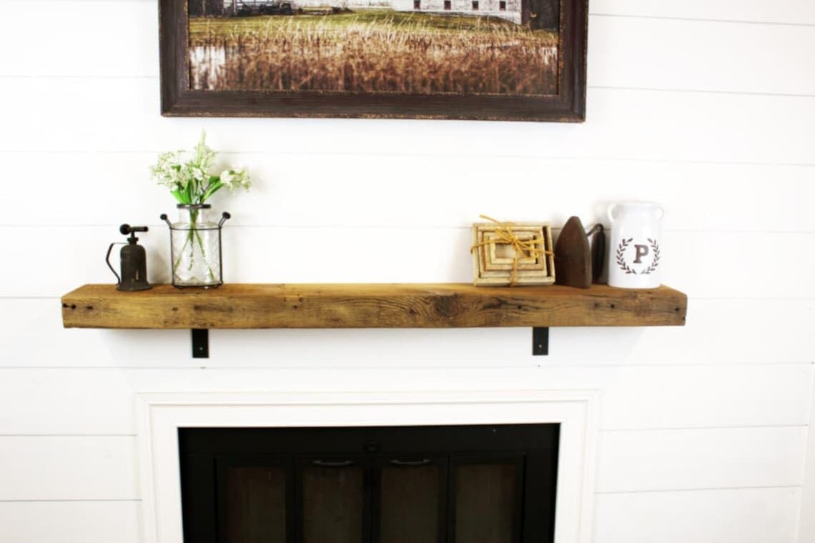 Modern Timber Craft Reclaimed Wood Steel Floating Wall Shelf | Solid Rustic American Barnwood with Steel Floating Shelf Brackets | 2.75" Thickness | 36" L x 5" D, Jacobean, Planed and Sanded