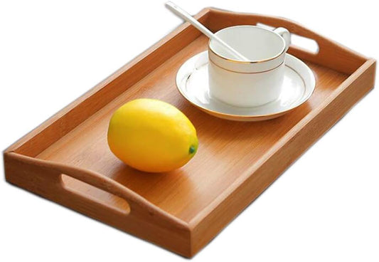 Bamboo Serving Tray with Handles, Tabletop Countertop Tea Coffee Breakfast Tray, Organizer Storage Container for Kitchen