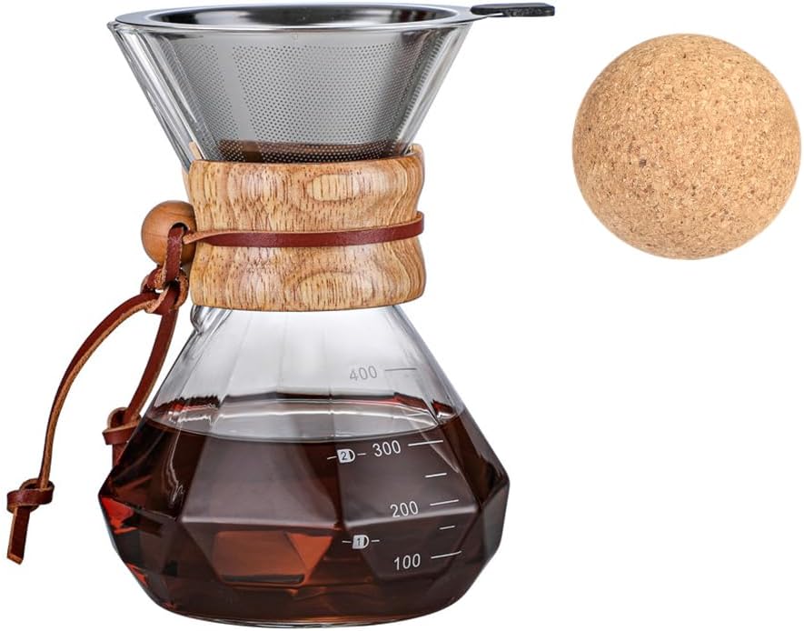 Pour Over Coffee Maker With Wood Sleeve，13.5oz/400mlPour Over Coffee Dripper,Pour Over Coffee Maker Set With Cork Stopper (13.5oz/400ml)