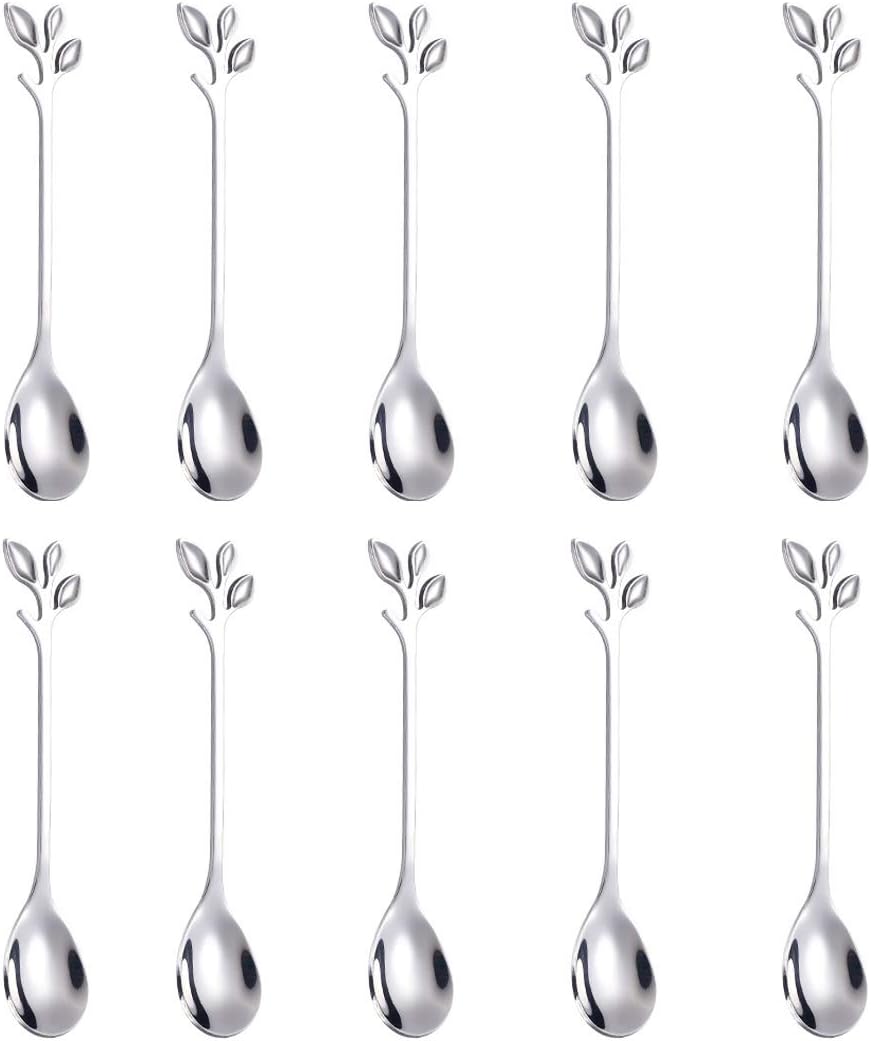 AnSaw Elegant Silver Leaf Coffee Spoons - 10-Piece, 4.7" Mini Stainless Steel Espresso & Dessert Tea