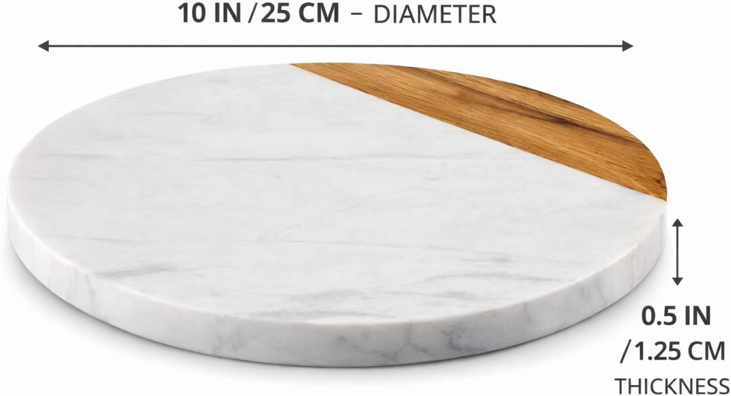 White Marble Board, 10 Inches | Cheese Board, Acacia Wooden Serving Tray, For Charcuterie, Cheese, Meats, Fruit, Crackers, Cutting Board, Round Slab
