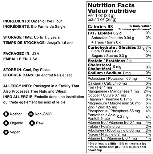 Food to Live Organic White Rye Flour, 2 Pounds - Non-GMO, Unbleached, Light, Medium Protein, Vegan, Kosher, Finely Milled Berries, Great for Baking Cookies, Muffins, Bread, and Sourdough