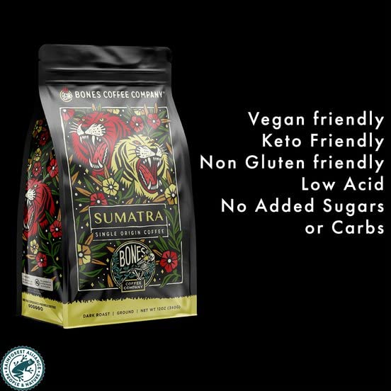 Bones Coffee Company Sumatra Single-Origin, Dark Chocolate, Smoky Earthy Notes, Whole Coffee Beans, Low Acid Darl Roast Arabica Beans Flavored Coffee, 12 oz Whole Bean