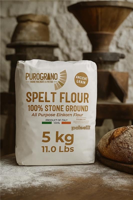 PuroGrano Type 1 Soft Wheat Flour, Bread flour– 5kg (11 lb) – 100% Stone Ground Ancient Italian Grain – Ideal for Sourdough Bread & Artisan Baking – Imported from Italy, Polselli