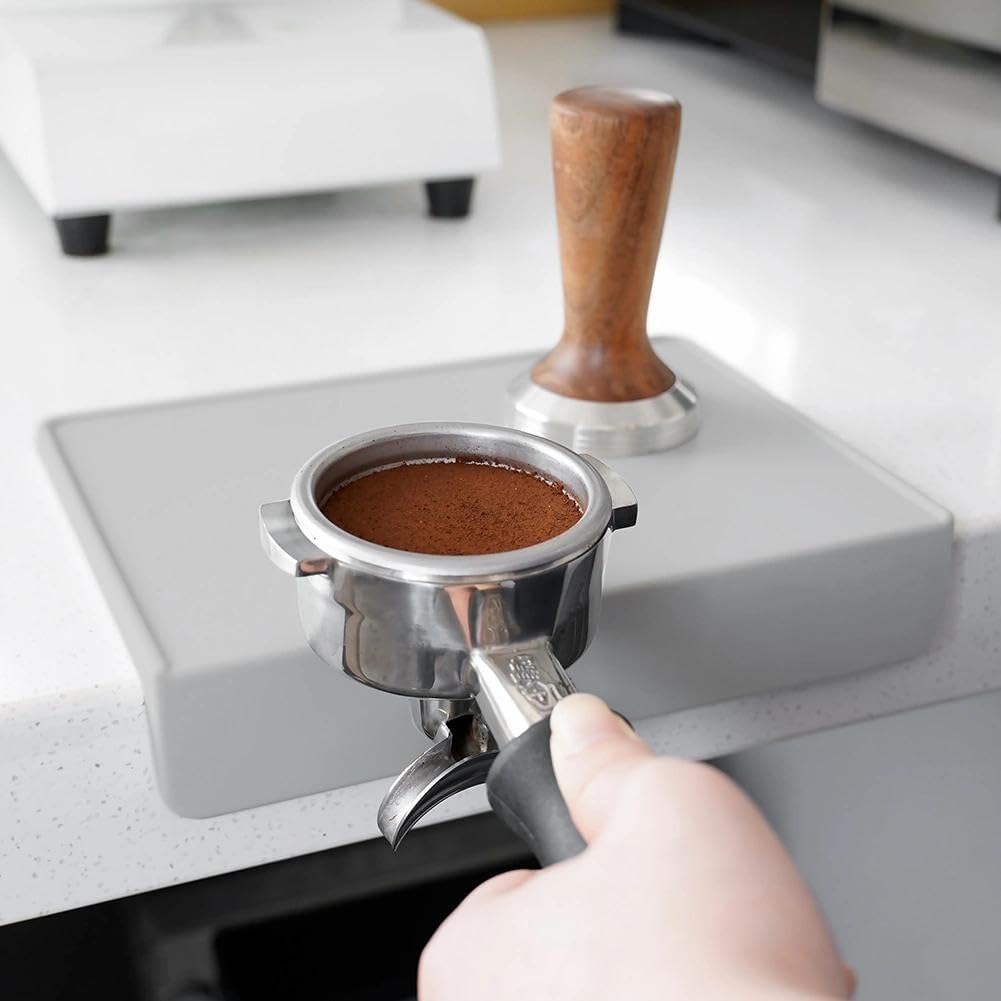 watchget Espresso Tamping Mat,Silicone Portafilter Pad for Counter | Ultra Thick,Waterproof and Heat Resistant,Non-Slip Corner Tamper Mat,Barista Espresso Machine Accessory,8"x6", Light Grey