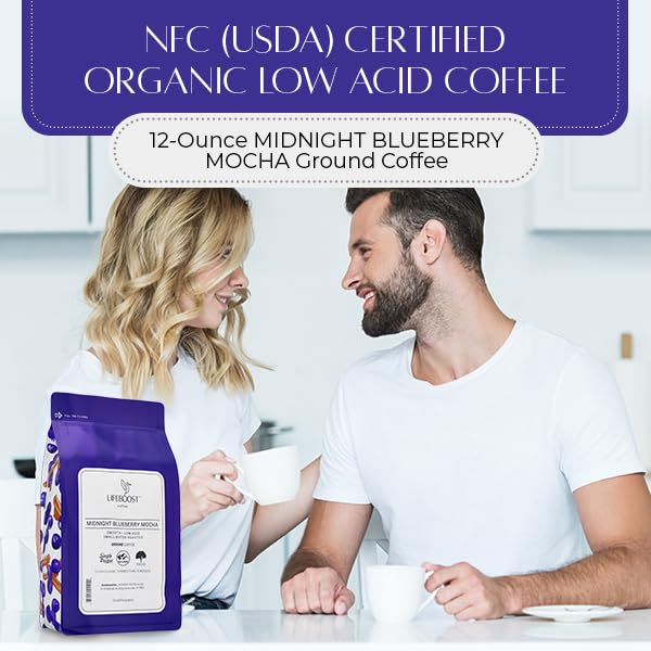 Lifeboost Midnight Blueberry Mocha Ground Coffee - Low Acid Single Origin Coffee - Non-GMO Wild Blueberry Coffee Grounds Third Party Tested For Mycotoxins &amp; Pesticides - 12 Ounces