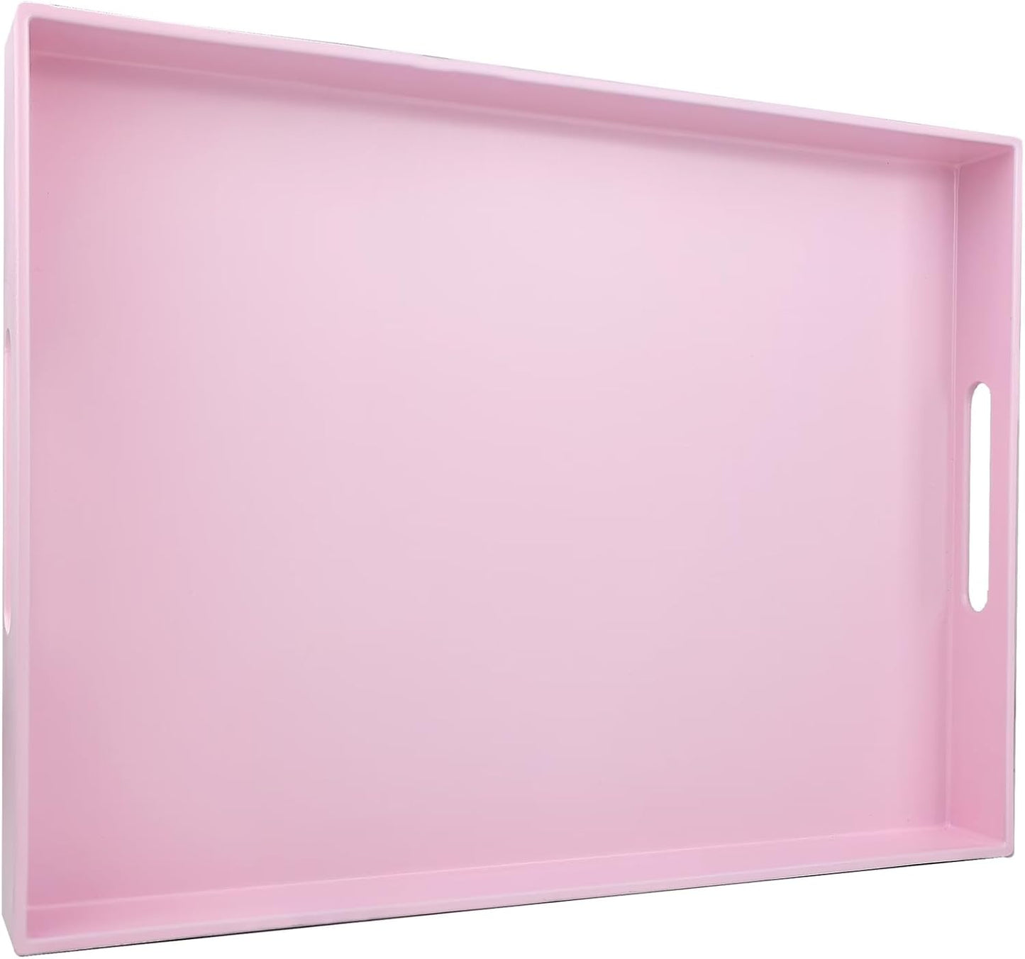 Pink Serving Tray for Coffee Table, Rectangular Plastic Decorative Tray with Handles for Entertainin