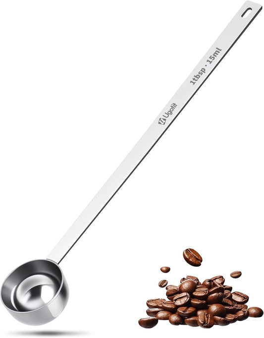 304 Stainless Steel Coffee Scoop 1 Tablespoon, Long Handle Measuring Scoop for Deep Jars, Dishwasher Safe, Engraved TBSP/ML