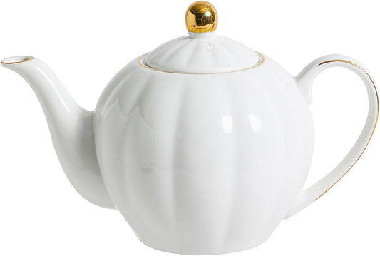 36oz White Porcelain Teapot with Gold Trim, Large Ceramic Teapot for Loose Leaf Tea & Tea Bags, Elegant Tea Party, Gift for