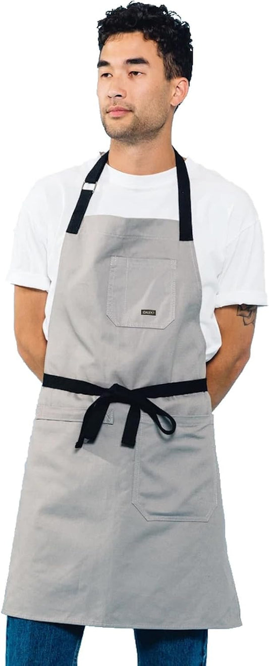 Caldo Daily Cotton Kitchen Apron for Cooking- Mens and Womens Professional Chef or Server Bib Apron - Adjustable Straps with
