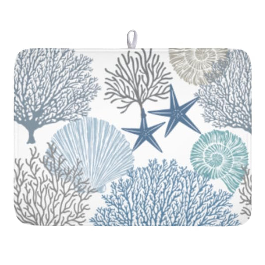 Blue Coral Dish Drying Mat 18x24 Inch Absorbent Reversible Summer Beach Drying Mat Nautical Coastal Starfish Dish Drying Rack Mat Ocean Themed Dish Drainer Mat for Kitchen Counter Coffee Bar