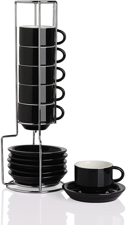 Sweejar Porcelain Espresso Cup & Saucer Set, Stackable Demitasse Cups with Metal Stand, 2.5 OZ for Latte,Coffee,Cafe