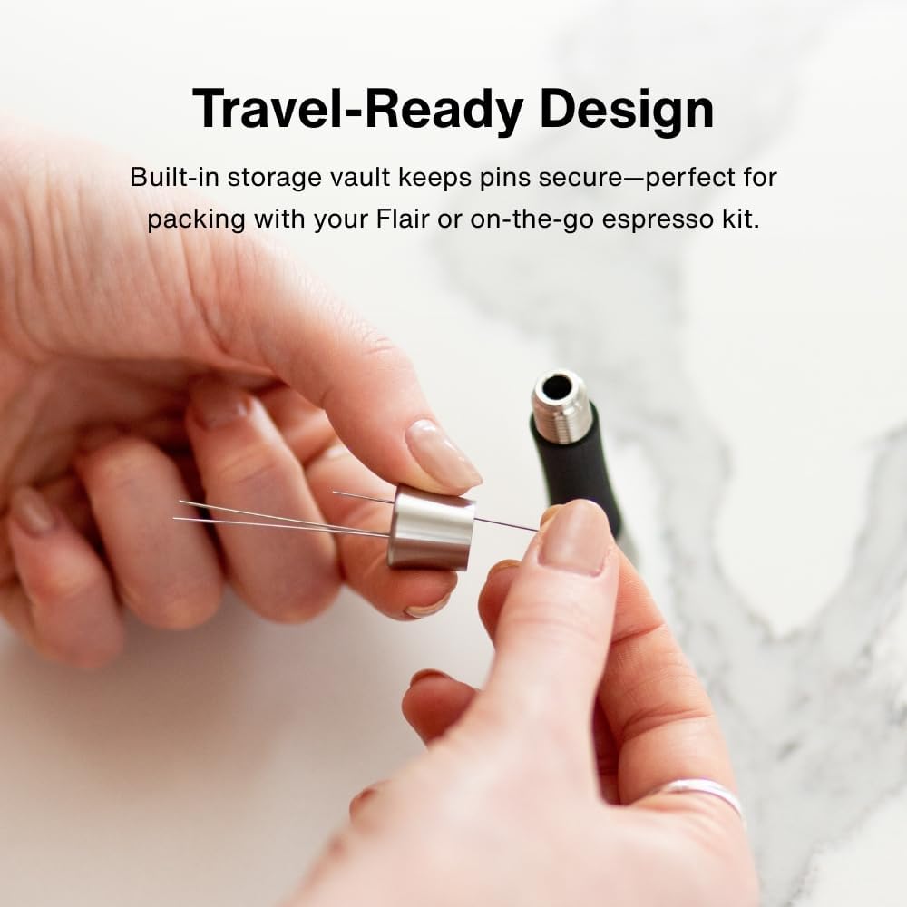 Crema Coffee Products Weiss Distribution Technique (WDT) Tool | Even Coffee Ground Distribution for Better Extraction | Stainless Steel with Silicone Grip | Includes 6 Pins & Storage Vault | Black