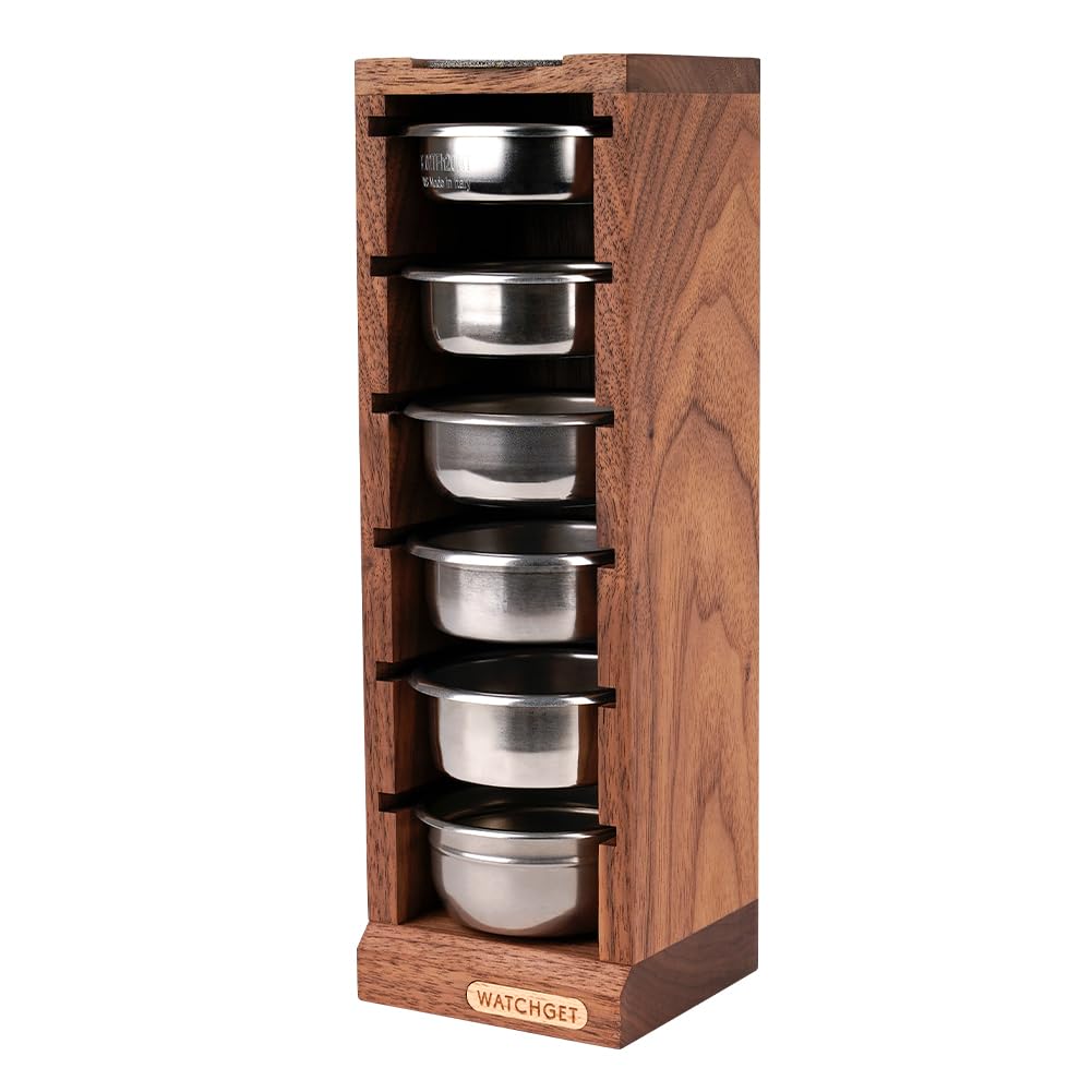 watchget 58mm Espresso Filter Basket Stand Portafilter Basket Holder Rack | Holds 6 Espresso Filter Basket; Puck Screen Holder; Walnut Wood