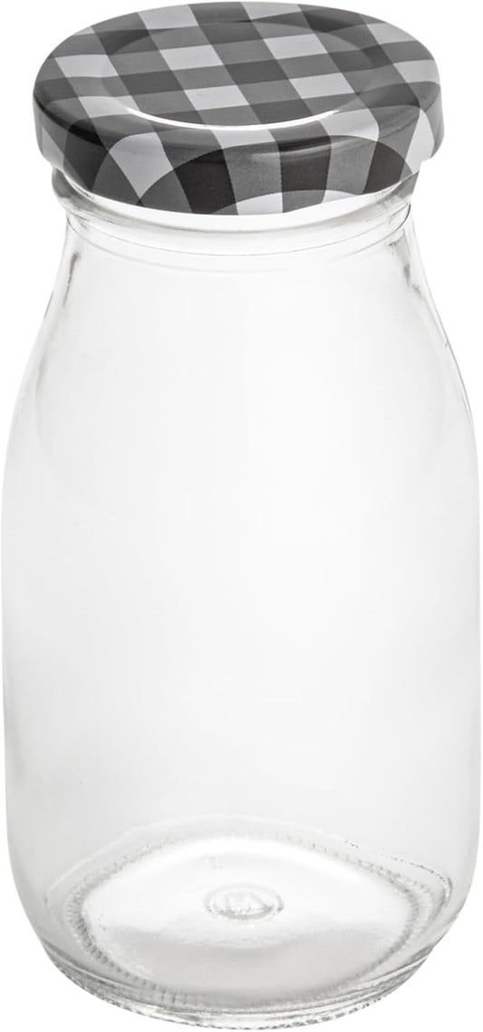 Restaurantware-French Countryside 6 Ounce Glass Bottles, 10 Durable Juice Bottles - With Black Plaid Lid, Dishwashable,